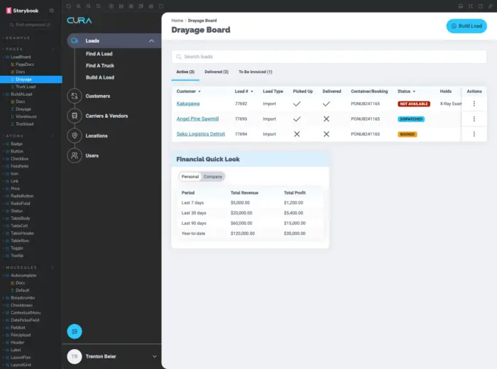 Storybook view of a Load Board template