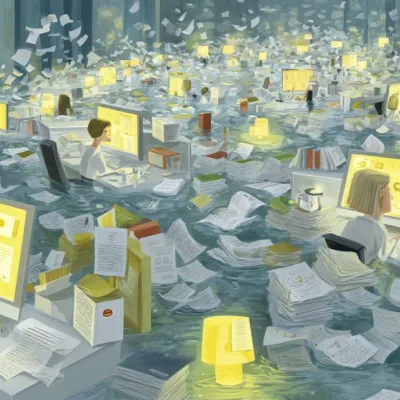 Illustration of an office overflowing with paper documents, where workers at glowing computer screens are surrounded by endless stacks and flying sheets of paper.